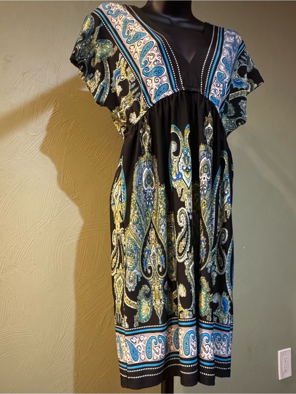 Bailey Blue Paisley V-Neck Dress Empire Waist Women's Size M Black Blue Green - Picture 9 of 13